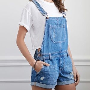 F21 Premium Distressed Denim Overall Shorts